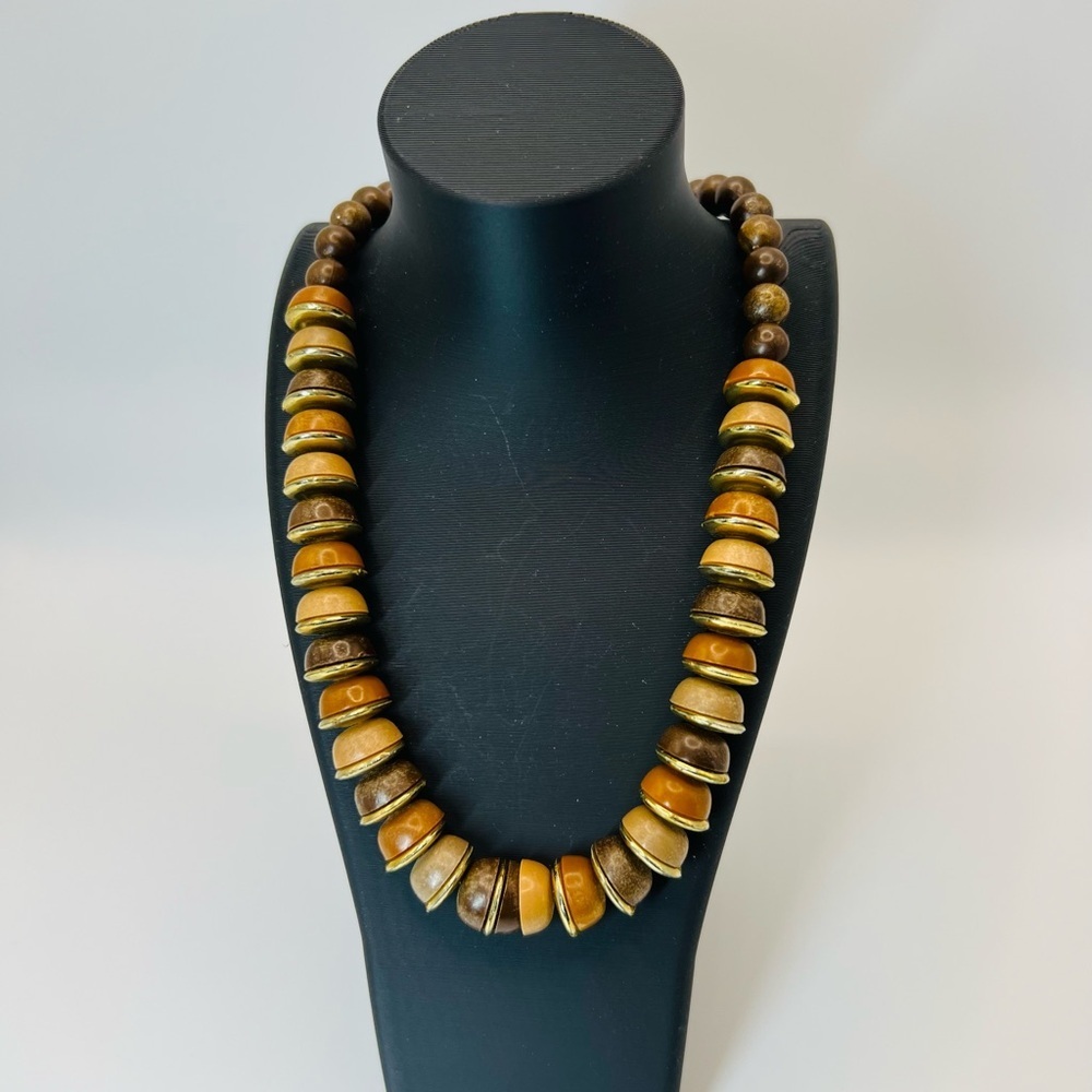 Chunky Wood Bead Necklace Gold Tone Spacers Earthy Boho Statement
